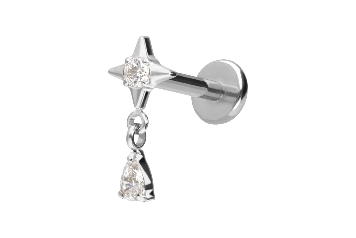 Titan Labret Piercing mit Push Fit STERN + KRISTALLTROPFEN